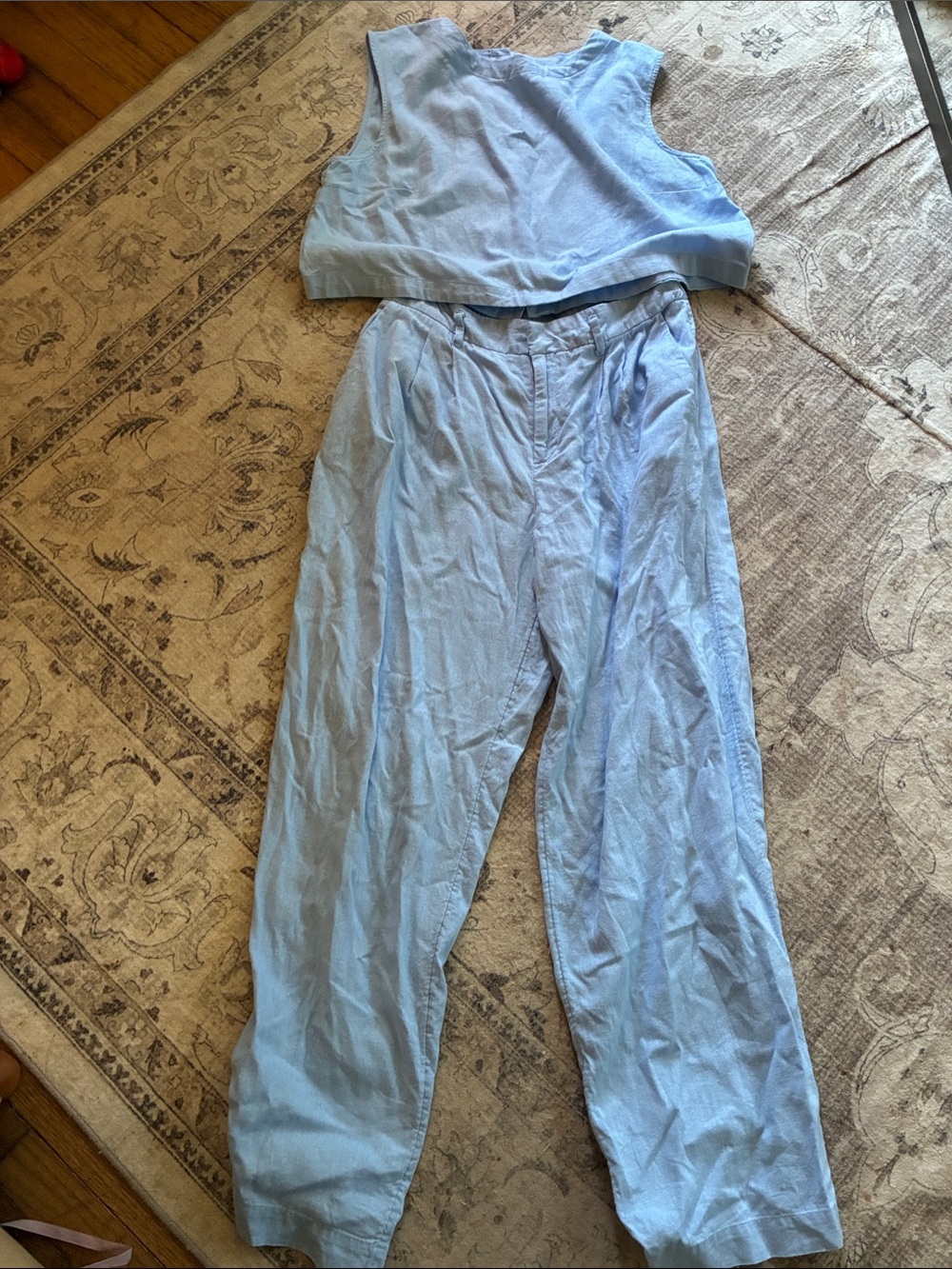 a new day Light Blue Two-Piece Crop Top and High-Waist Pants Set Linen/Rayon